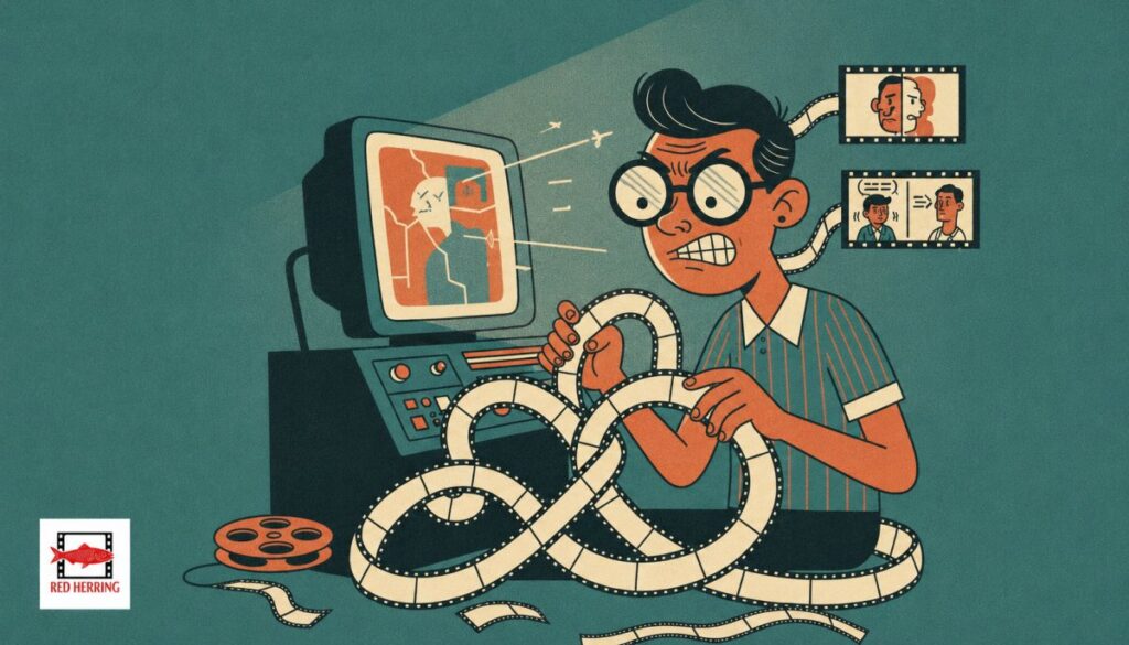 Kuszálódó filmszalaggal küzdő vágó és hibás képek a monitoron, rajzos illusztráción.