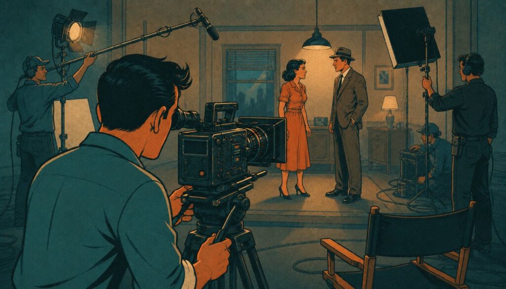 Operatőr filmez két szereplőt; a stáb világítással és hangfelvétellel segíti a jelenetet az illusztráción.
