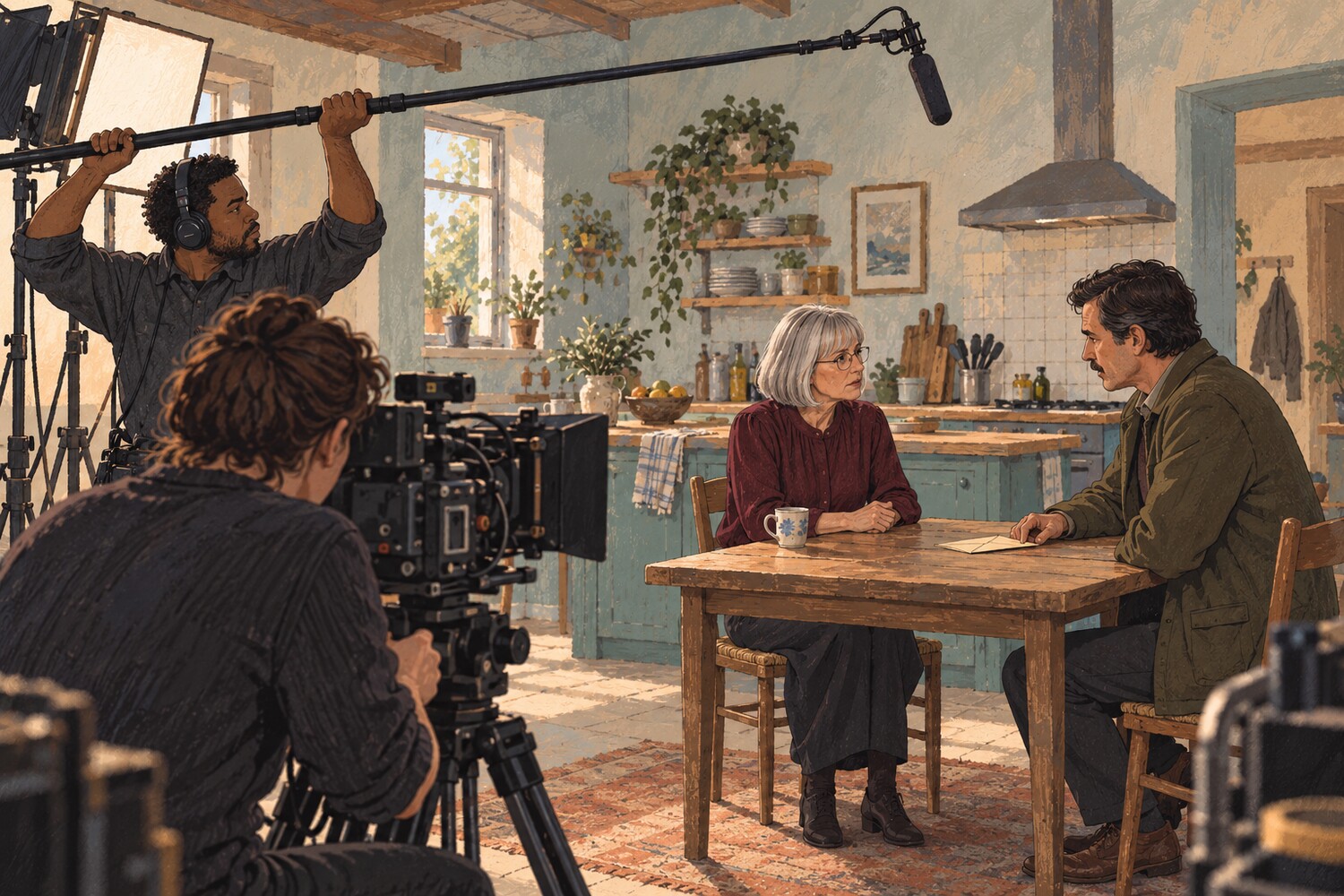Boom mikrofon egy asztalnál játszó két színész fölött, az előtérben operatőr és filmkamera.