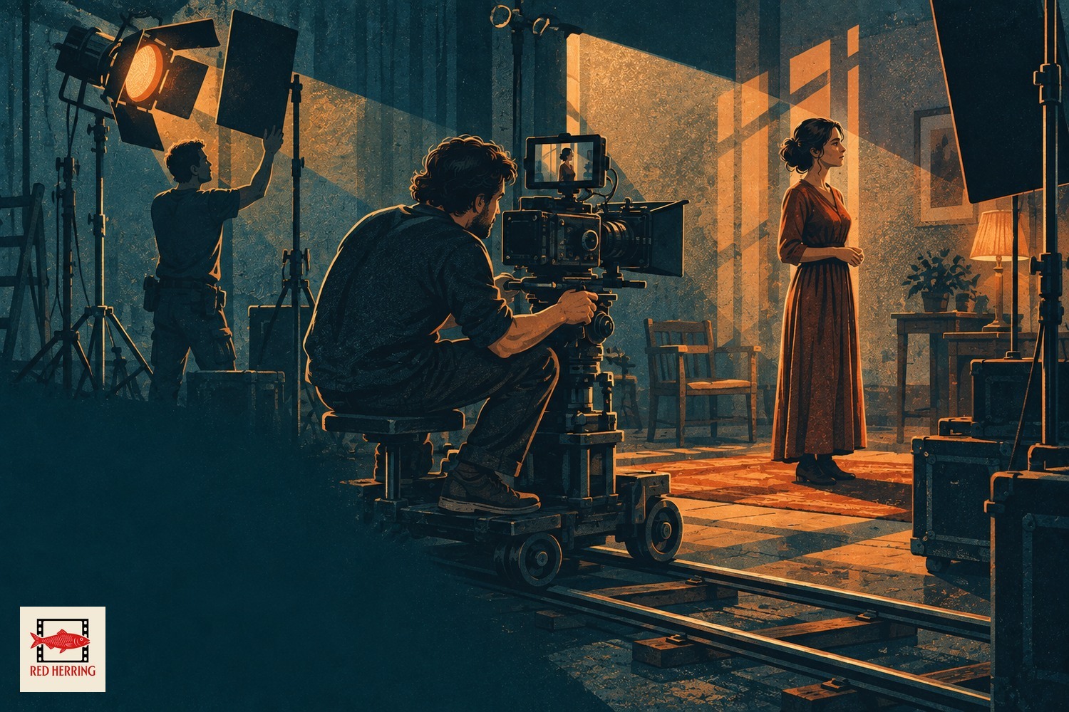 Operatőri alapok gyakorlása: operatőr kamerával és filmes világítással egy stúdióban