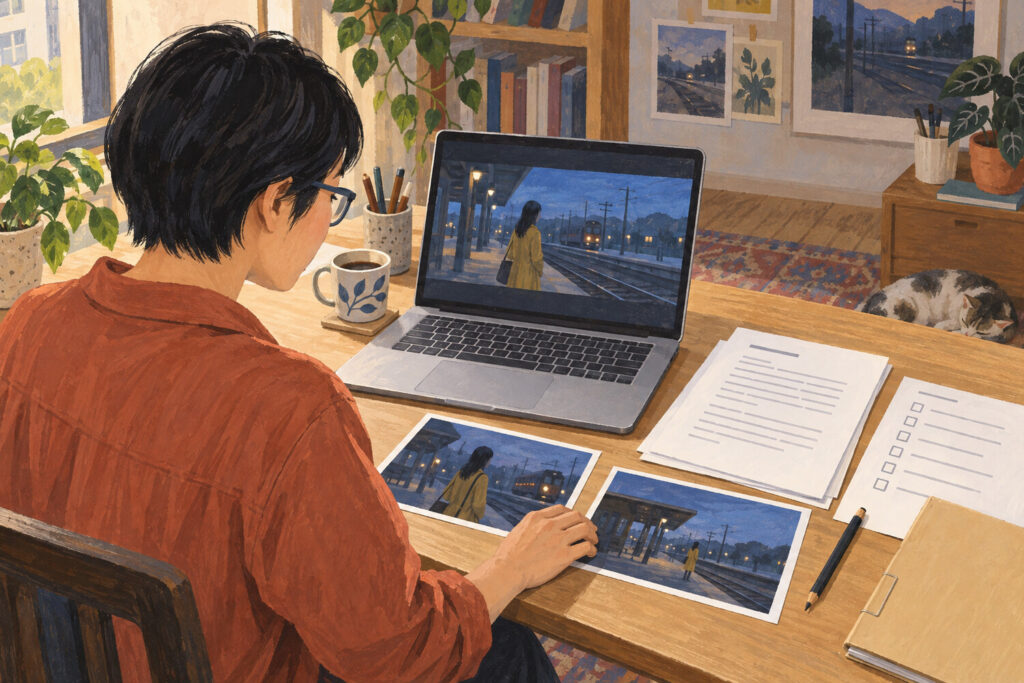 Rövid hajú alkotó filmkockákat válogat laptop mellett, az asztalon szinopszis és ellenőrzőlista.